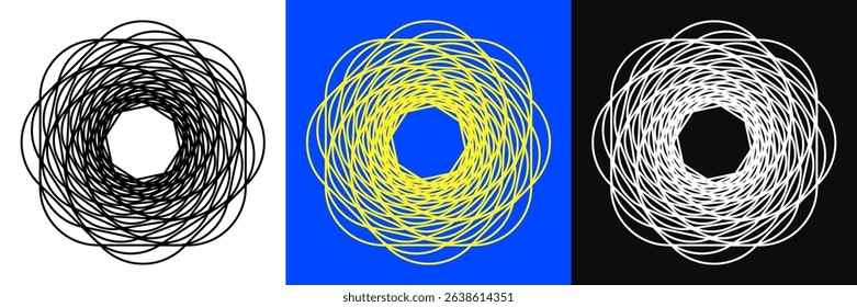 Halftone lines in circle frame. Modern abstract shapes. Waves in circle frame. Spiral black form on black and white background