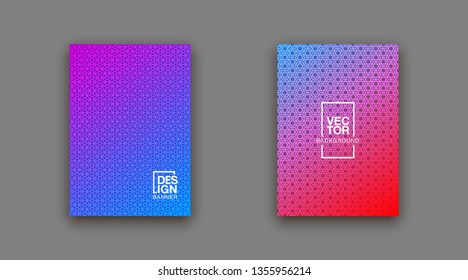 Halftone lines cover page layouts design. Flat geometric backgrounds set. Party posters set with radial halftone line gradient texture. Music flyer frame templates. Retro cover pages.