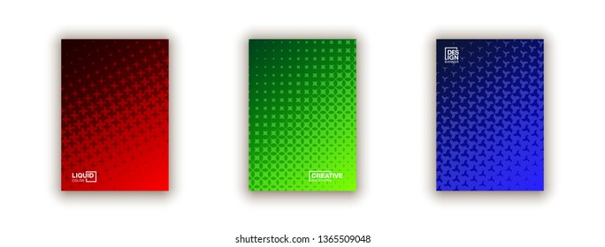 Halftone lines cover page layouts design. Flat geometric backgrounds set. Party posters set with radial halftone line gradient texture. Music flyer frame templates. Retro cover pages.