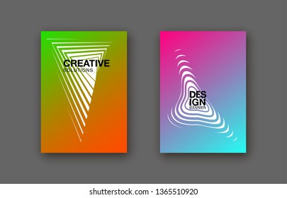 Halftone lines cover page layouts design. Flat geometric backgrounds set. Party posters set with radial halftone line gradient texture. Music flyer frame templates. Retro cover pages.