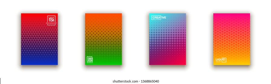 Halftone lines cover page layouts design. Flat geometric backgrounds set. Party posters set with radial halftone line gradient texture. Music flyer frame templates. Retro cover pages.