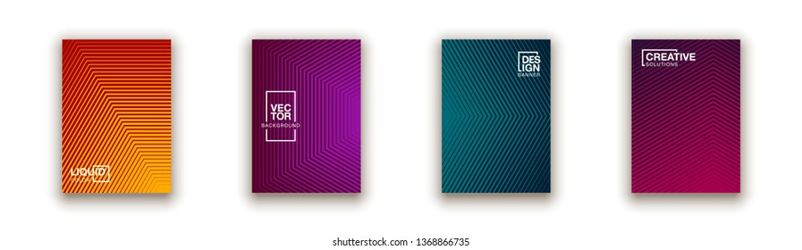 Halftone lines cover page layouts design. Flat geometric backgrounds set. Party posters set with radial halftone line gradient texture. Music flyer frame templates. Retro cover pages.