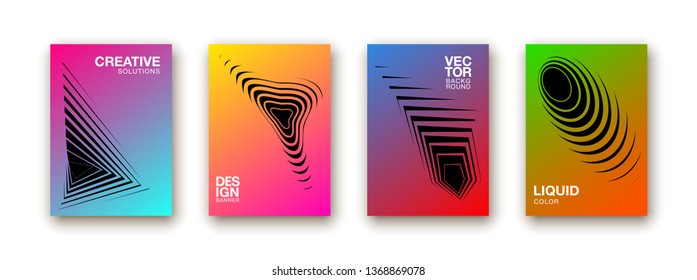 Halftone lines cover page layouts design. Flat geometric backgrounds set. Party posters set with radial halftone line gradient texture. Music flyer frame templates. Retro cover pages.