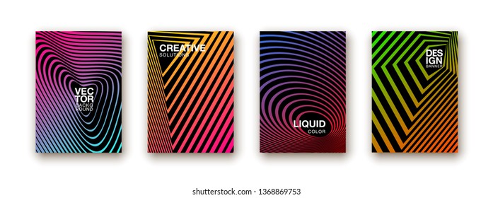 Halftone lines cover page layouts design. Flat geometric backgrounds set. Party posters set with radial halftone line gradient texture. Music flyer frame templates. Retro cover pages.