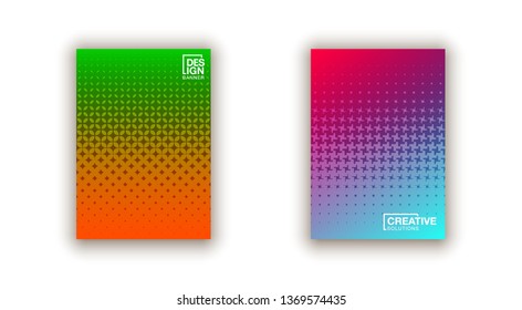 Halftone lines cover page layouts design. Flat geometric backgrounds set. Party posters set with radial halftone line gradient texture. Music flyer frame templates. Retro cover pages.