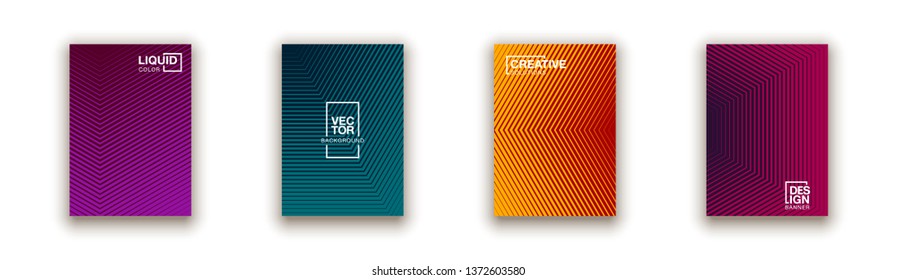 Halftone lines cover page layouts design. Flat geometric backgrounds set. Party posters set with radial halftone line gradient texture. Music flyer frame templates. Retro cover pages.