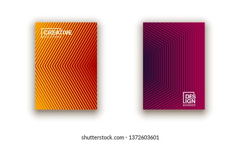 Halftone lines cover page layouts design. Flat geometric backgrounds set. Party posters set with radial halftone line gradient texture. Music flyer frame templates. Retro cover pages.