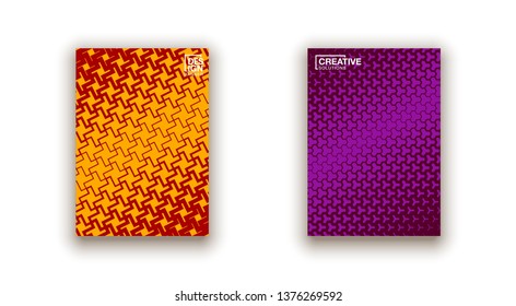 Halftone lines cover page layouts design. Flat geometric backgrounds set. Party posters set with radial halftone line gradient texture. Music flyer frame templates. Retro cover pages.