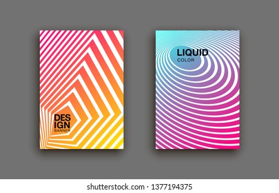 Halftone lines cover page layouts design. Flat geometric backgrounds set. Party posters set with radial halftone line gradient texture. Music flyer frame templates. Retro cover pages.