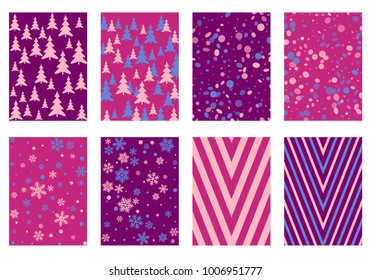 Halftone lines, fir tree silhouette, circle confetti explosion, snowflakes pattern winter background abstract vector. Lines, stripes halftone patterns, firs, round and snowflake shape confetti covers.