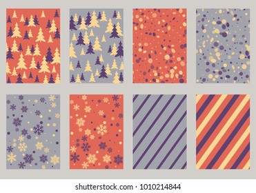 Halftone lines, fir tree silhouette, circle confetti explosion, snowflakes pattern winter background abstract vector. Lines, stripes halftone patterns, firs, round and snowflake shape confetti covers.