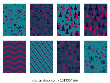 Halftone lines, fir tree silhouette, circle confetti explosion, snowflakes pattern winter background abstract vector. Lines, stripes halftone patterns, firs, round and snowflake shape confetti covers.