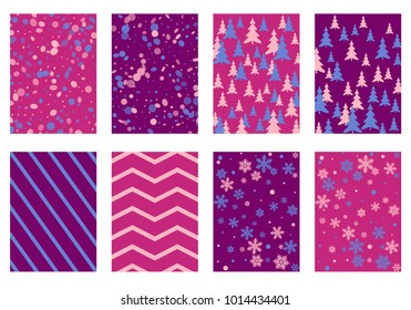 Halftone lines, fir tree silhouette, circle confetti explosion, snowflakes pattern winter background abstract vector. Lines, stripes halftone patterns, firs, round and snowflake shape confetti covers.