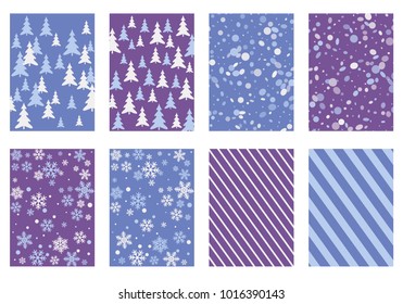 Halftone lines, fir tree silhouette, circle confetti explosion, snowflakes pattern winter background abstract vector. Lines, stripes halftone patterns, firs, round and snowflake confetti blue covers.