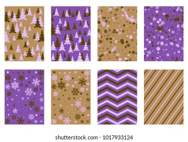 Halftone lines, fir tree silhouette, circle confetti explosion, snowflakes pattern winter background abstract vector. Lines, stripes halftone patterns, firs, round and snowflake shape confetti covers.
