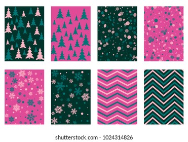 Halftone lines, fir tree silhouette, circle confetti explosion, snowflakes pattern winter background abstract vector. Lines, stripes halftone patterns, firs, round and snowflake shape confetti covers.