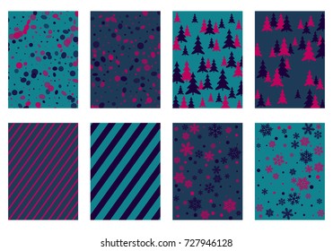 Halftone lines, fir tree silhouette, circle confetti explosion, snowflakes pattern winter background abstract vector. Lines, stripes halftone patterns, firs, round and snowflake shape confetti covers.