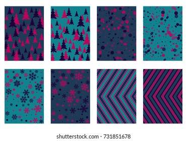 Halftone lines, fir tree silhouette, circle confetti explosion, snowflakes pattern winter background abstract vector. Lines, stripes halftone patterns, firs, round and snowflake shape confetti covers.