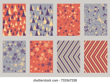 Halftone lines, fir tree silhouette, circle confetti explosion, snowflakes pattern winter background abstract vector. Lines, stripes halftone patterns, firs, round and snowflake shape confetti covers.