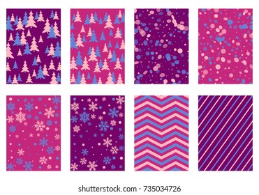 Halftone lines, fir tree silhouette, circle confetti explosion, snowflakes pattern winter background abstract vector. Lines, stripes halftone patterns, firs, round and snowflake shape confetti covers.