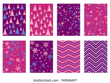 Halftone lines, fir tree silhouette, circle confetti explosion, snowflakes pattern winter background abstract vector. Lines, stripes halftone patterns, firs, round and snowflake shape confetti covers.