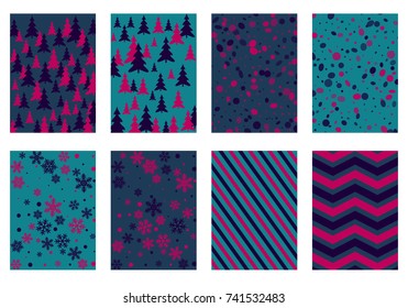 Halftone lines, fir tree silhouette, circle confetti explosion, snowflakes pattern winter background abstract vector. Lines, stripes halftone patterns, firs, round and snowflake shape confetti covers.