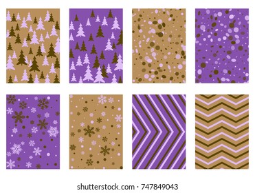Halftone lines, fir tree silhouette, circle confetti explosion, snowflakes pattern winter background abstract vector. Lines, stripes halftone patterns, firs, round and snowflake shape confetti covers.