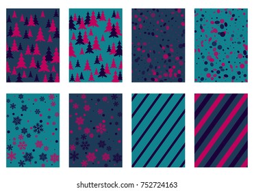 Halftone lines, fir tree silhouette, circle confetti explosion, snowflakes pattern winter background abstract vector. Lines, stripes halftone patterns, firs, round and snowflake shape confetti covers.