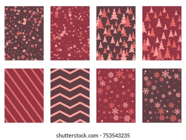 Halftone lines, fir tree silhouette, circle confetti explosion, snowflakes pattern winter background abstract vector. Lines, stripes halftone patterns, firs, round and snowflake shape confetti covers.