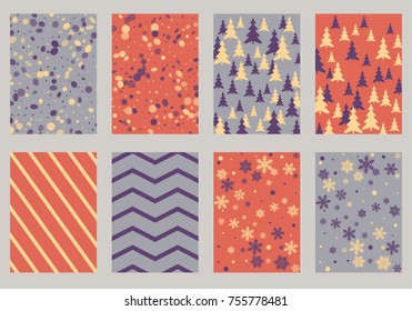 Halftone lines, fir tree silhouette, circle confetti explosion, snowflakes pattern winter background abstract vector. Lines, stripes halftone patterns, firs, round and snowflake shape confetti covers.