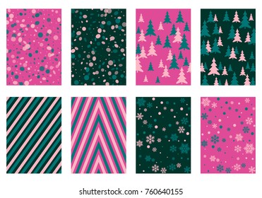 Halftone lines, fir tree silhouette, circle confetti explosion, snowflakes pattern winter background abstract vector. Lines, stripes halftone patterns, firs, round and snowflake shape confetti covers.