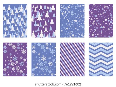 Halftone lines, fir tree silhouette, circle confetti explosion, snowflakes pattern winter background abstract vector. Lines, stripes halftone patterns, firs, round and snowflake shape confetti covers.