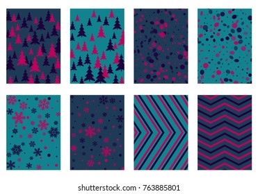 Halftone lines, fir tree silhouette, circle confetti explosion, snowflakes pattern winter background abstract vector. Lines, stripes halftone patterns, firs, round and snowflake shape confetti covers.