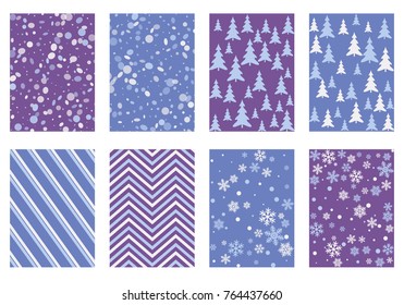 Halftone lines, fir tree silhouette, circle confetti explosion, snowflakes pattern winter background abstract vector. Lines, stripes halftone patterns, firs, round and snowflake shape confetti covers.