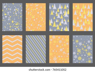 Halftone lines, fir tree silhouette, circle confetti explosion, snowflakes pattern winter background abstract vector. Lines, stripes halftone patterns, firs, round and snowflake shape confetti covers.