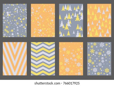 Halftone lines, fir tree silhouette, circle confetti explosion, snowflakes pattern winter background abstract vector. Lines, stripes halftone patterns, firs, round and snowflake shape confetti covers.