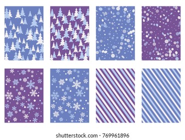 Halftone lines, fir tree silhouette, circle confetti explosion, snowflakes pattern winter background abstract vector. Lines, stripes halftone patterns, firs, round and snowflake shape confetti covers.