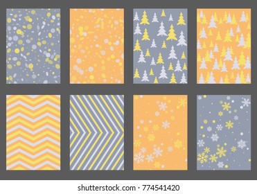 Halftone lines, fir tree silhouette, circle confetti explosion, snowflakes pattern winter background abstract vector. Lines, stripes halftone patterns, firs, round and snowflake shape confetti covers.