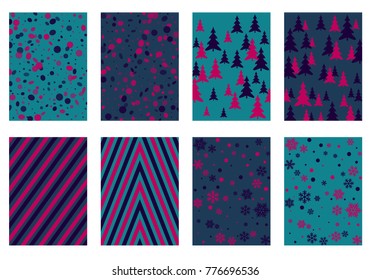 Halftone lines, fir tree silhouette, circle confetti explosion, snowflakes pattern winter background abstract vector. Lines, stripes halftone patterns, firs, round and snowflake shape confetti covers.