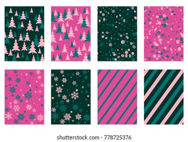 Halftone lines, fir tree silhouette, circle confetti explosion, snowflakes pattern winter background abstract vector. Lines, stripes halftone patterns, firs, round and snowflake shape confetti covers.
