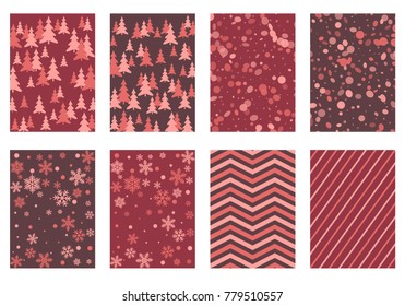 Halftone lines, fir tree silhouette, circle confetti explosion, snowflakes pattern winter background abstract vector. Lines, stripes halftone patterns, firs, round and snowflake shape confetti covers.