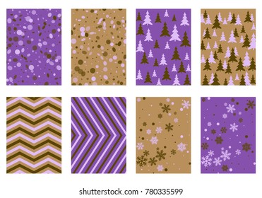 Halftone lines, fir tree silhouette, circle confetti explosion, snowflakes pattern winter background abstract vector. Lines, stripes halftone patterns, firs, round and snowflake shape confetti covers.