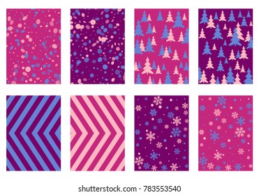 Halftone lines, fir tree silhouette, circle confetti explosion, snowflakes pattern winter background abstract vector. Lines, stripes halftone patterns, firs, round and snowflake shape confetti covers.