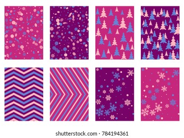 Halftone lines, fir tree silhouette, circle confetti explosion, snowflakes pattern winter background abstract vector. Lines, stripes halftone patterns, firs, round and snowflake shape confetti covers.