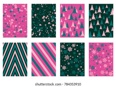 Halftone lines, fir tree silhouette, circle confetti explosion, snowflakes pattern winter background abstract vector. Lines, stripes halftone patterns, firs, round and snowflake shape confetti covers.