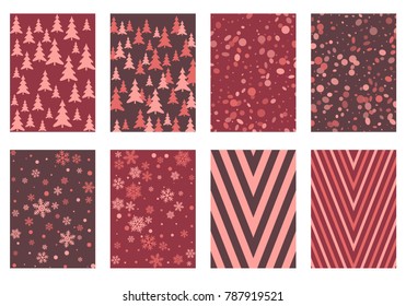 Halftone lines, fir tree silhouette, circle confetti explosion, snowflakes pattern winter background abstract vector. Lines, stripes halftone patterns, firs, round and snowflake shape confetti covers.