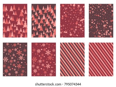 Halftone lines, fir tree silhouette, circle confetti explosion, snowflakes pattern winter background abstract vector. Lines, stripes halftone patterns, firs, round and snowflake shape confetti covers.
