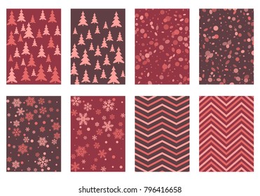 Halftone lines, fir tree silhouette, circle confetti explosion, snowflakes pattern winter background abstract vector. Lines, stripes halftone patterns, firs, round and snowflake shape confetti covers.