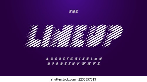 Halftone lines font abstract heavy alphabet letters. Bold typographic design with linear texture. Big dynamic letters with diagonals for vintage race headline and lettering. Isolated vector typeset