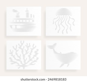 Halftone Lines Hologram Effect with 
jellyfish, whale,  cargo ship,  coral,   Gray Vector Set 